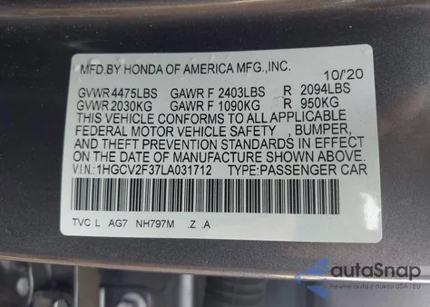2020 Honda Accord Sport 2.0T from USA, damaged, VIN 1HGCV2F37LA031712